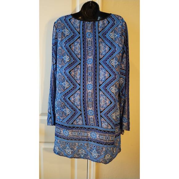 Nine West Blue/Black & white semi sheer Tunic Blouse neck tassel size Large - Picture 4 of 11